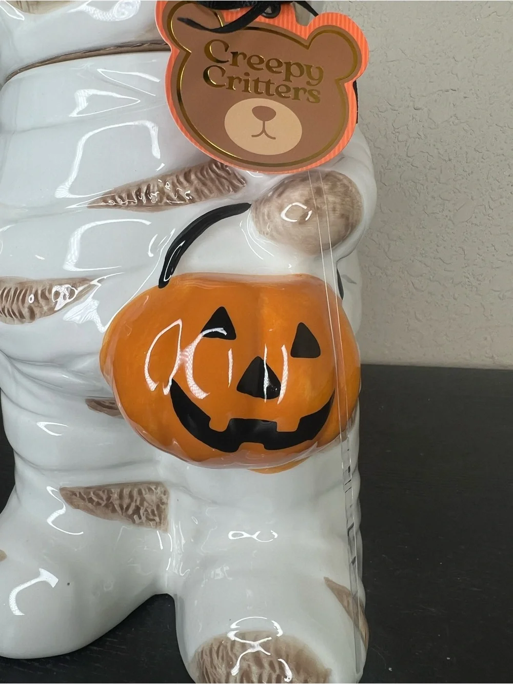 NEW Creepy Critter Halloween Mummy Bear with Pumpkin Ceramic Cookie Jar